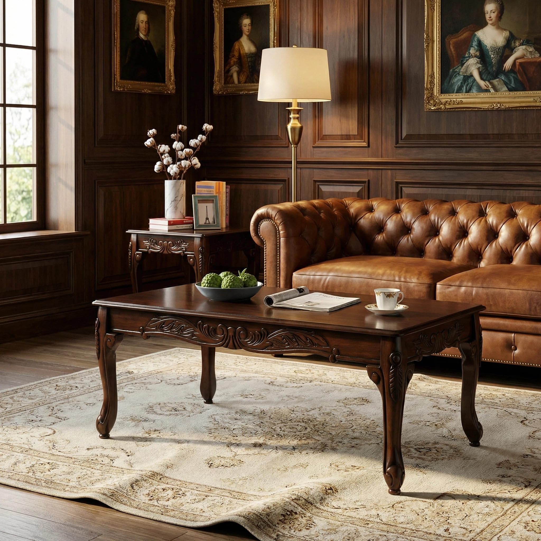 SSC SATISUNCASA Traditional Coffee Table Set for Living Room, 1 Dark Cherry Wood Coffee Table and 2 End Table Set, Vintage Wooden Living Room Table Set