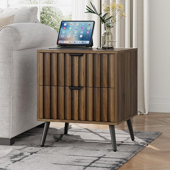 Walnut Nightstand with Embossed Checkerboard Drawers