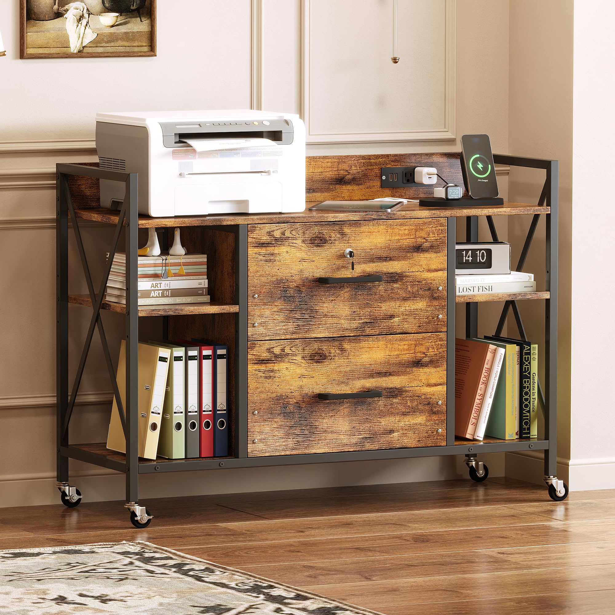 Rolling File Cabinet with Power Outlets & Locking Drawers