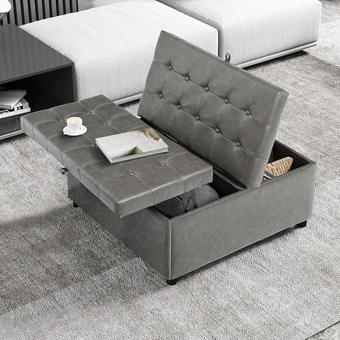 Large Square Lift-Top Storage Ottoman with Faux Leather