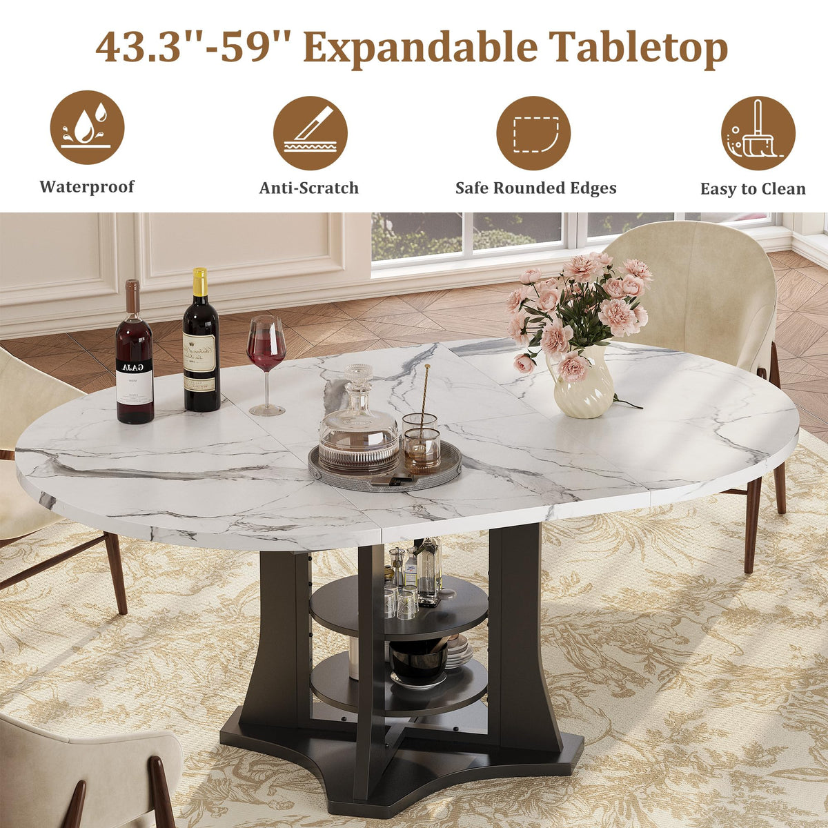 White Marble-Look Extendable Dining Table