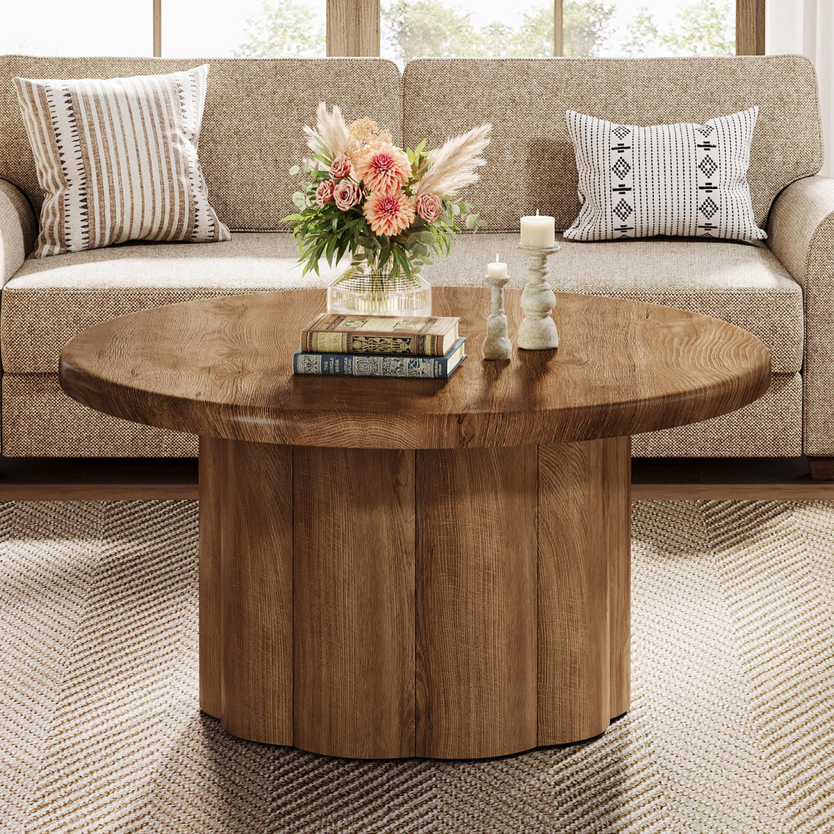 Tribesigns 31.5" Round Coffee Table for Living Room, Farmhouse Circle Center Cocktail Table with Fluted Drum Base, Wooden Living Room Furniture for Apartment, Small Space, Brown