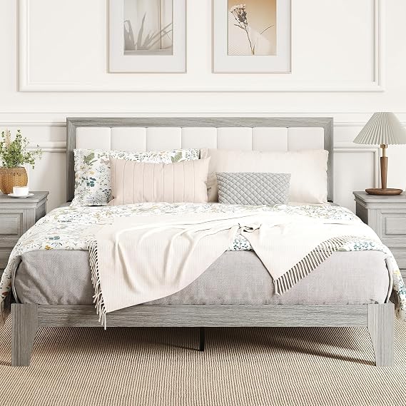 Upholstered Platform Bed Frame with Wooden Slats