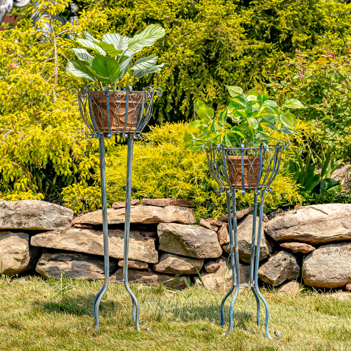 Zaer Ltd. Set of 2 Tall Metal Basket Plant Stands (Rustic Blue)