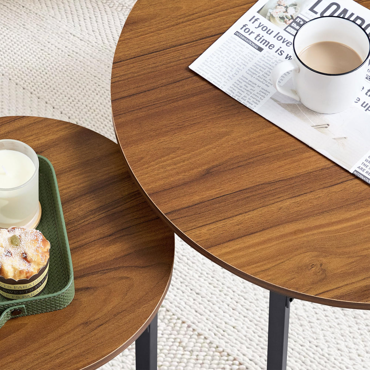 VECELO Nesting Coffee Table Set of 2, Wood Round Side Tables with Adjustable Non-Slip Feet, for Living Room, Brown