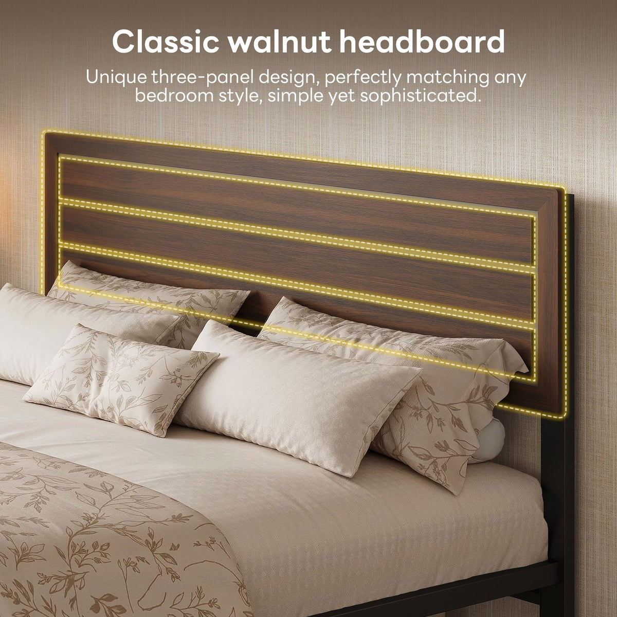 LIKIMIO Queen Bed Frame with Headboard, Unique Mid-Century Modern Design