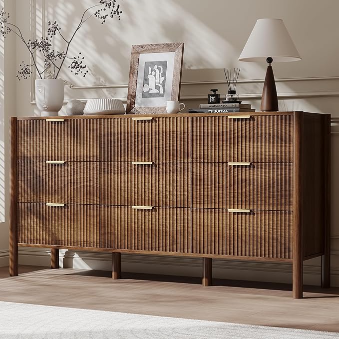 Fluted Walnut Dresser with Gold Handles