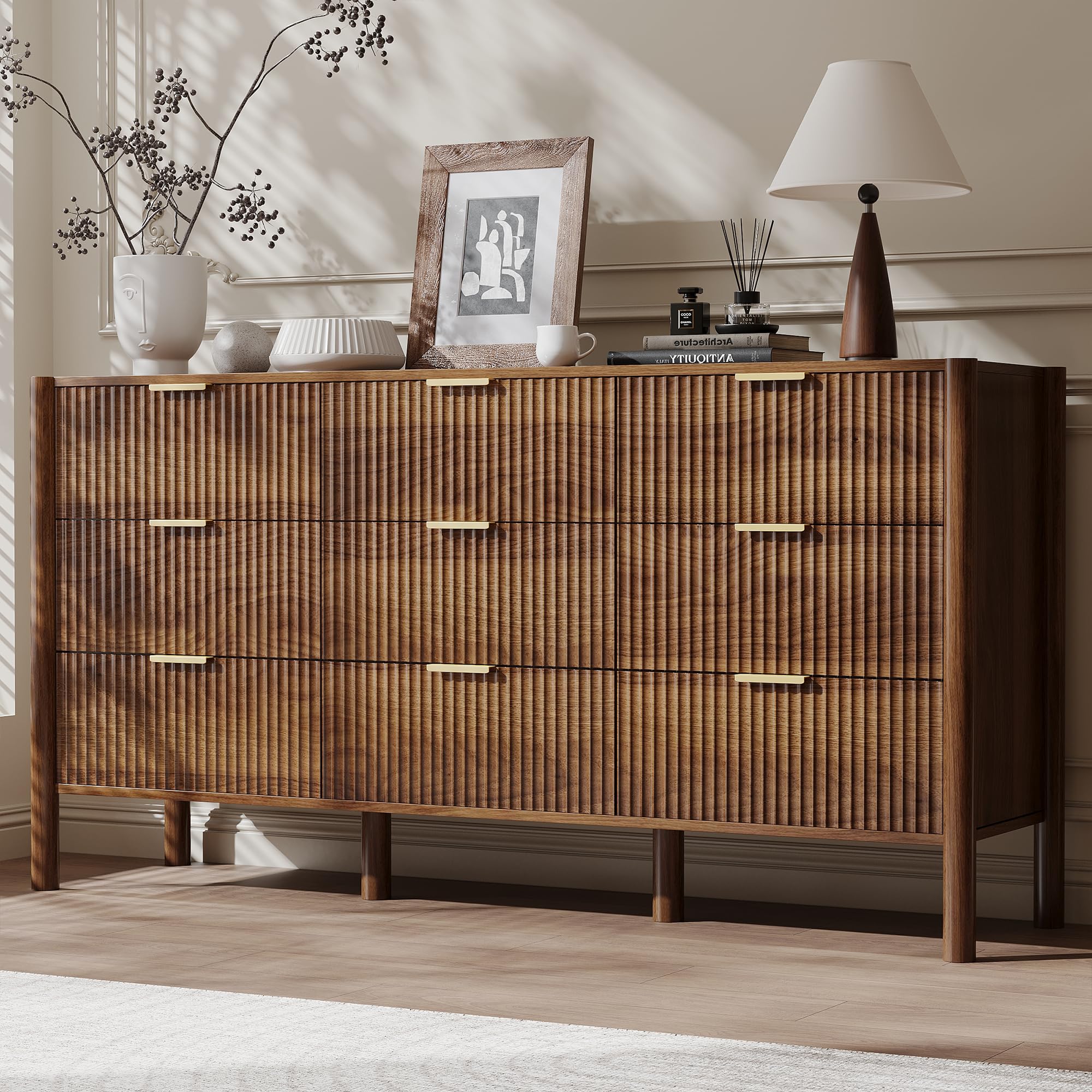 CHUWELL Fluted Walnut Dresser for Bedroom, 63" Wide Mid Century Modern Chest of Drawers with 4 Solid Wood Cylindrical Legs & Gold Metal Handles, 9 Drawer Large Dresser for Bedroom