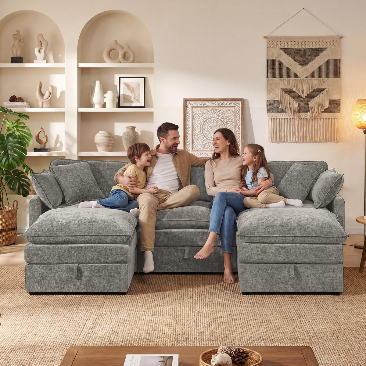 WorthFurni Modular Sectional Sofa with Storage Ottomans,103" U-Shaped Cloud Couch,Comfy Modern Couches with Pillows & Upholstered Deep Seat Cushion for Apartment Living Room Bedroom（Gray）