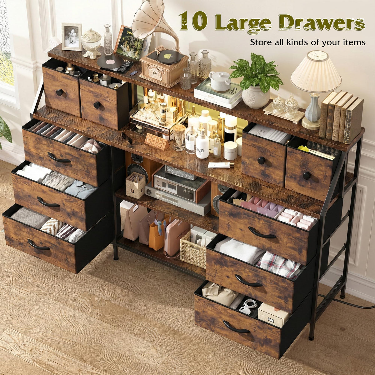 Romorgniz 55" W Dresser with Charging Station & LED, Detachable Mesh Door