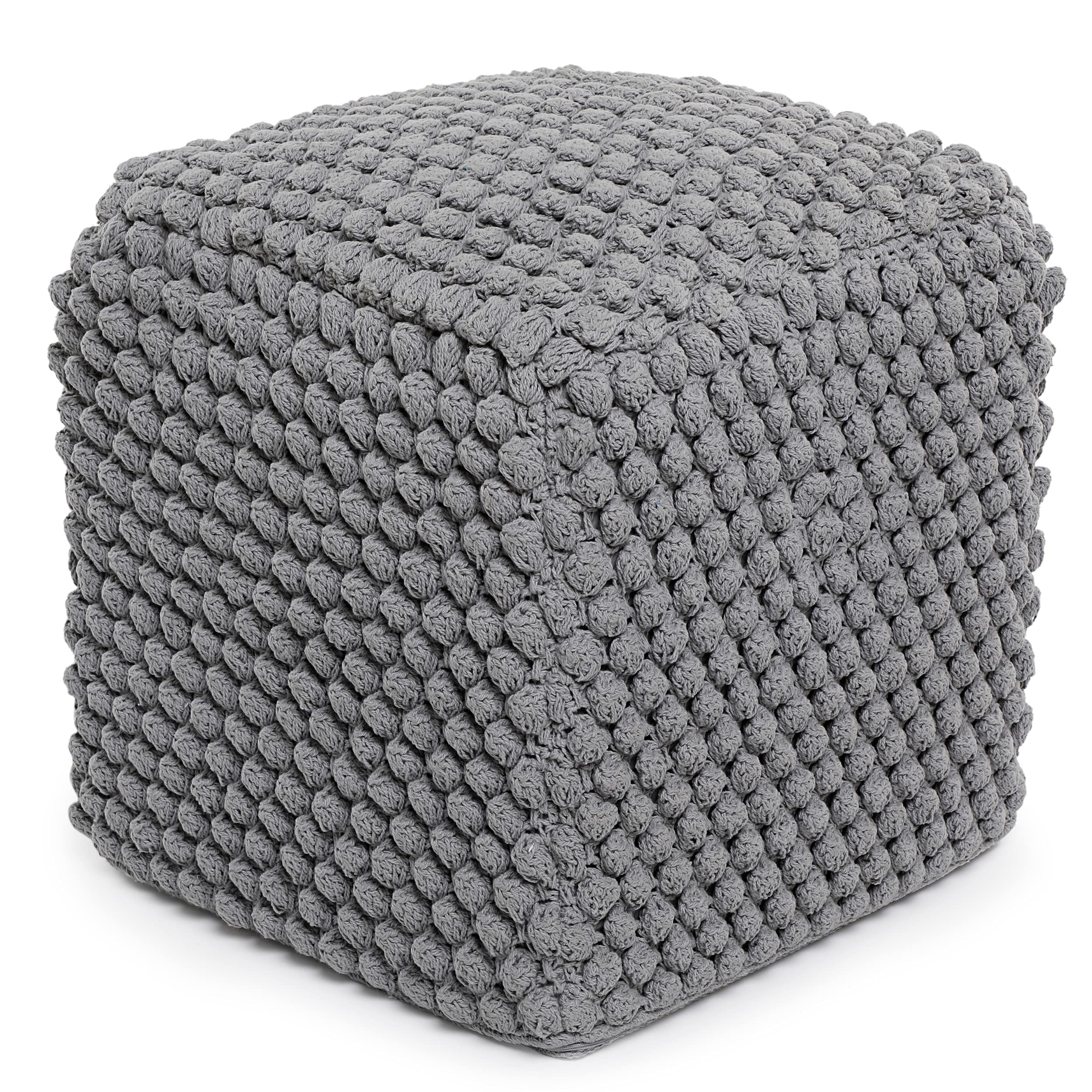BIRDROCK HOME Square Pouf Ottoman Foot Rest - 18” Compact Comfortable Soft Cotton Knit Bean Bag Floor - Chair Foot Stool Seat for Living Room, Bedroom, Kids Room or Nursery (Grey Bud)