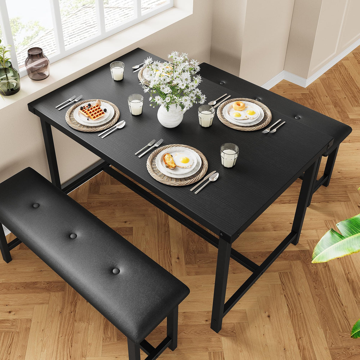 GAOMON Dining Table Set for 4, Kitchen Table with Benches, Rectangular Dining Room Table Set with 2 Upholstered Benches, 3 Piece Kitchen Table Set for Small Space, Apartment, Studio, Retro Black