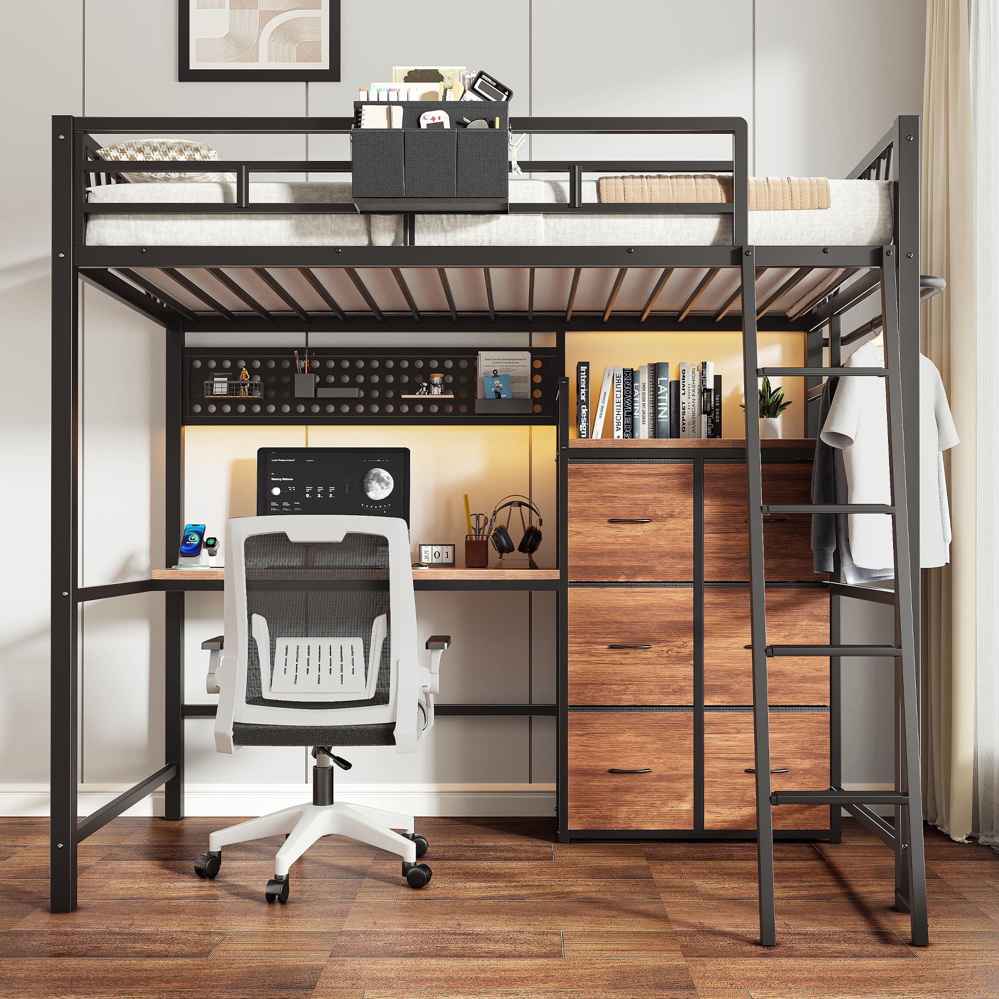 Twin Loft Bed with Desk & 6 Storage Drawers