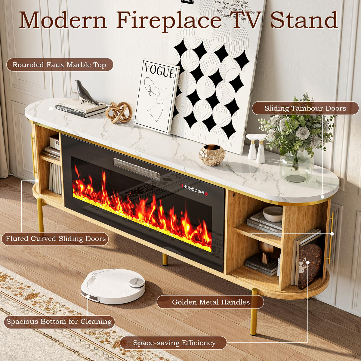 PRETZI 70" Fluted Fireplace TV Stand w/40 Electric Fireplace for 80" TVs