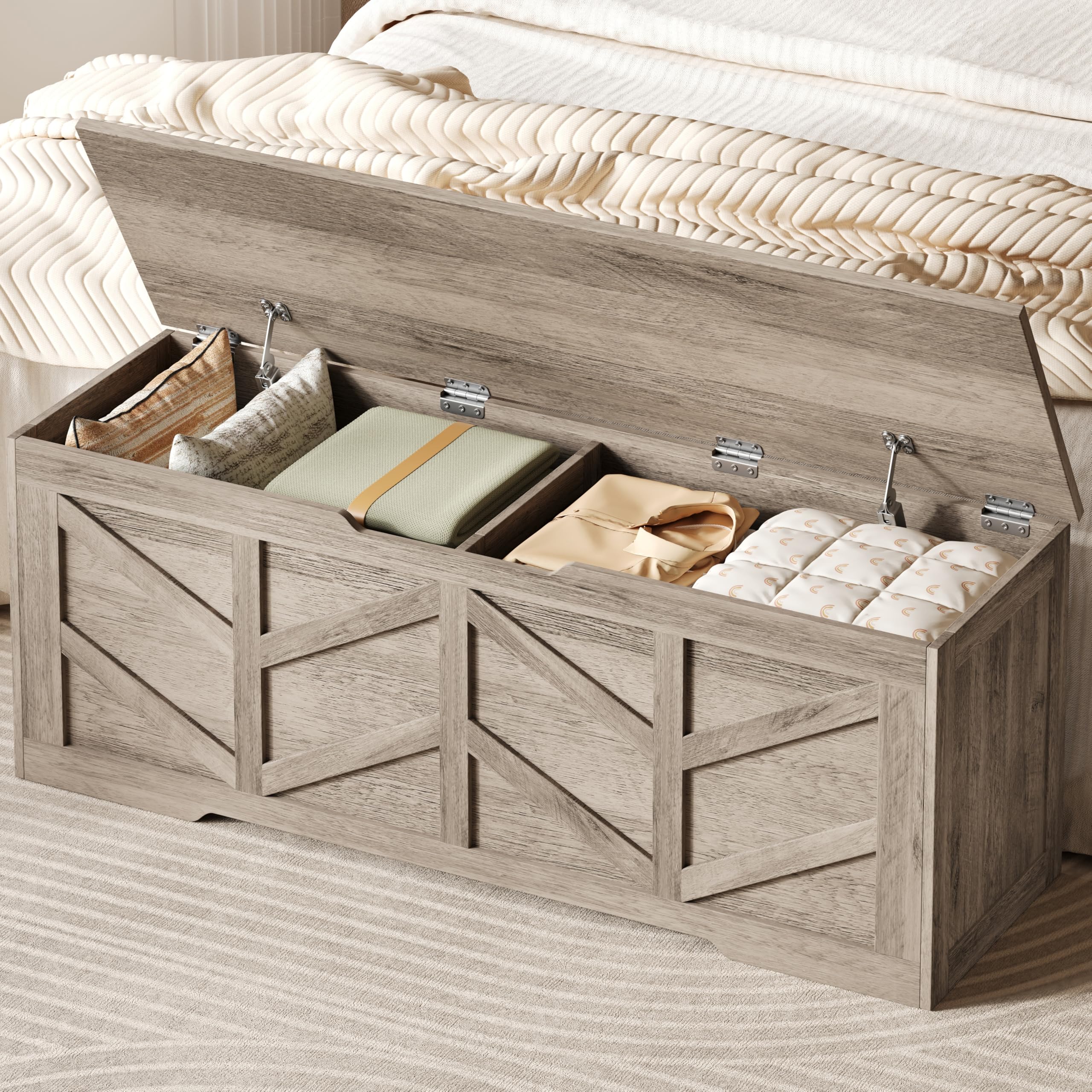 Zeibospri 51.2" Storage Chest, Extra Large Storage Bench with 2 Safety Hinges, Storage Trunk Supports 330 lb, Wooden Blanket Storage for Bedroom, livingroom, entryway, Greige