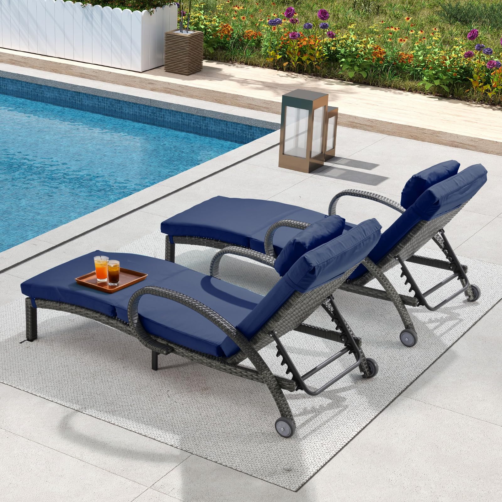 Outdoor Wicker Chaise Lounge Set of 2 with Adjustable Backrest & Wheels