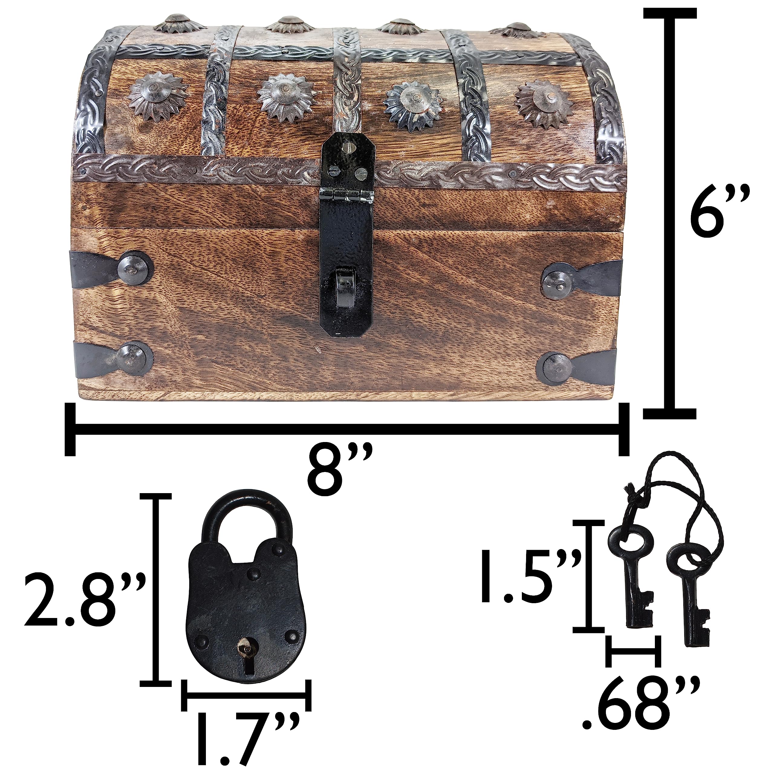 SciencePurchase 2 Pack Pirate's Treasure Chest (8" x 6" x 6") Wooden Nautical Jewelry Boxes, Each with Functional Lock and 2 Keys, Wood with Iron Accents, Hinged Lid