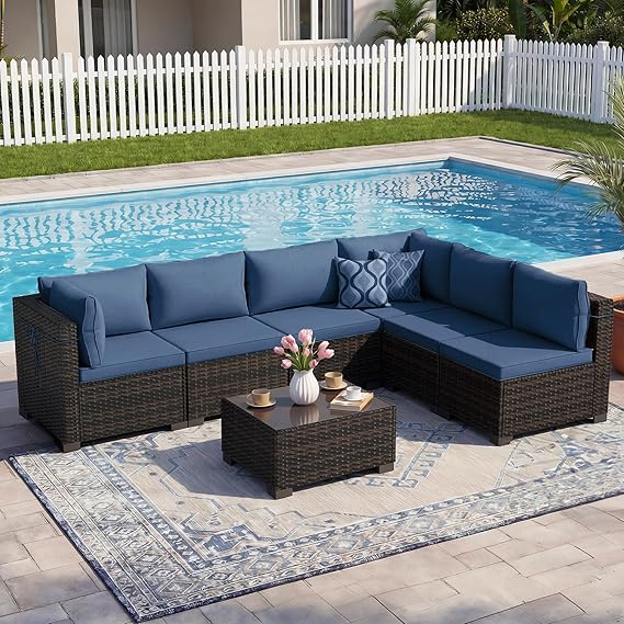 7-Piece Outdoor Rattan Patio Furniture Set with Tea Table