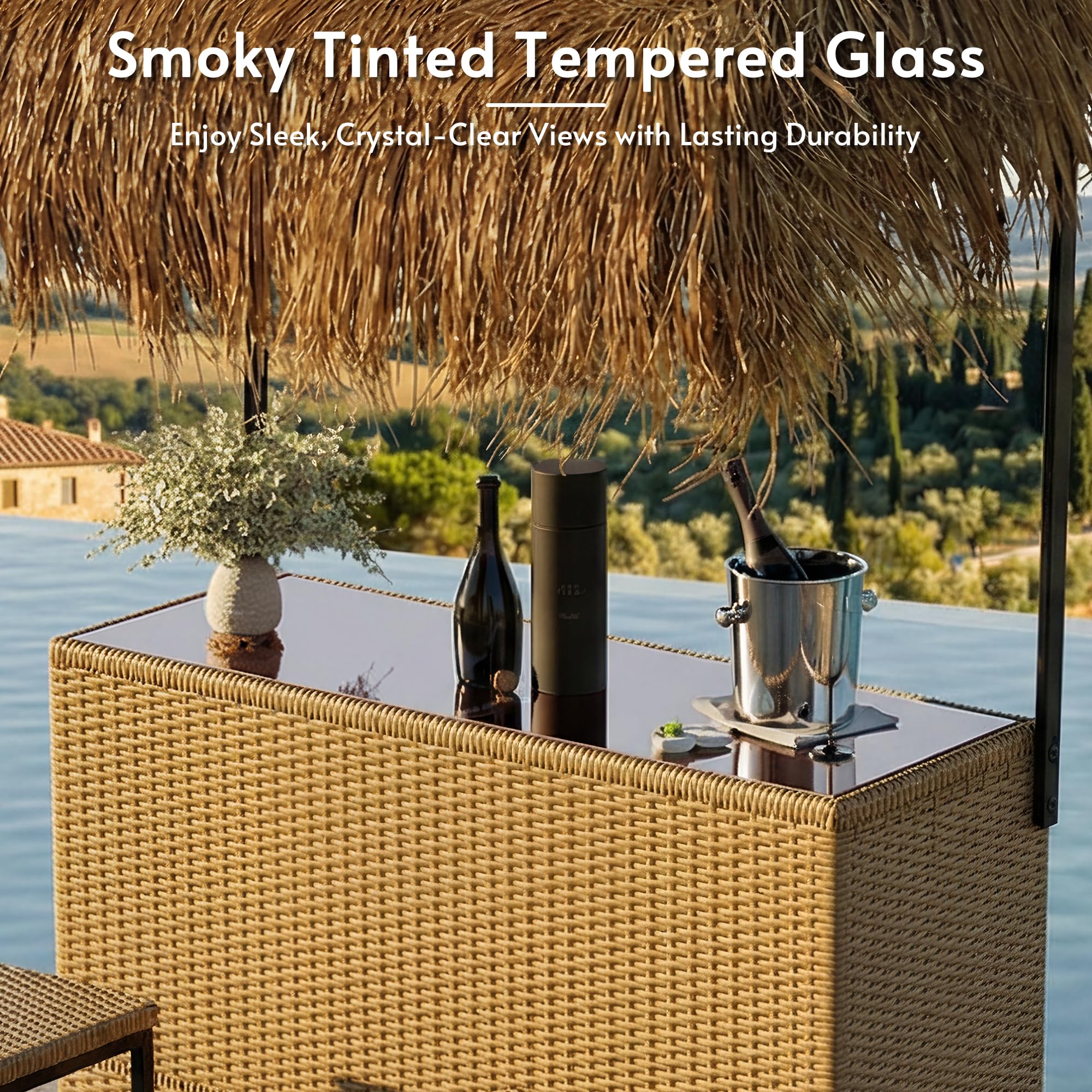 Rotihom Outdoor Tiki Bar Set with Widen Hula Thatched Shade(48" L), 3-Piece Wicker Outside Tiki Bars with 2 Stools, Hawaiian Style Beach Outside Bars for Patio, Garden, Poolside, Backyard