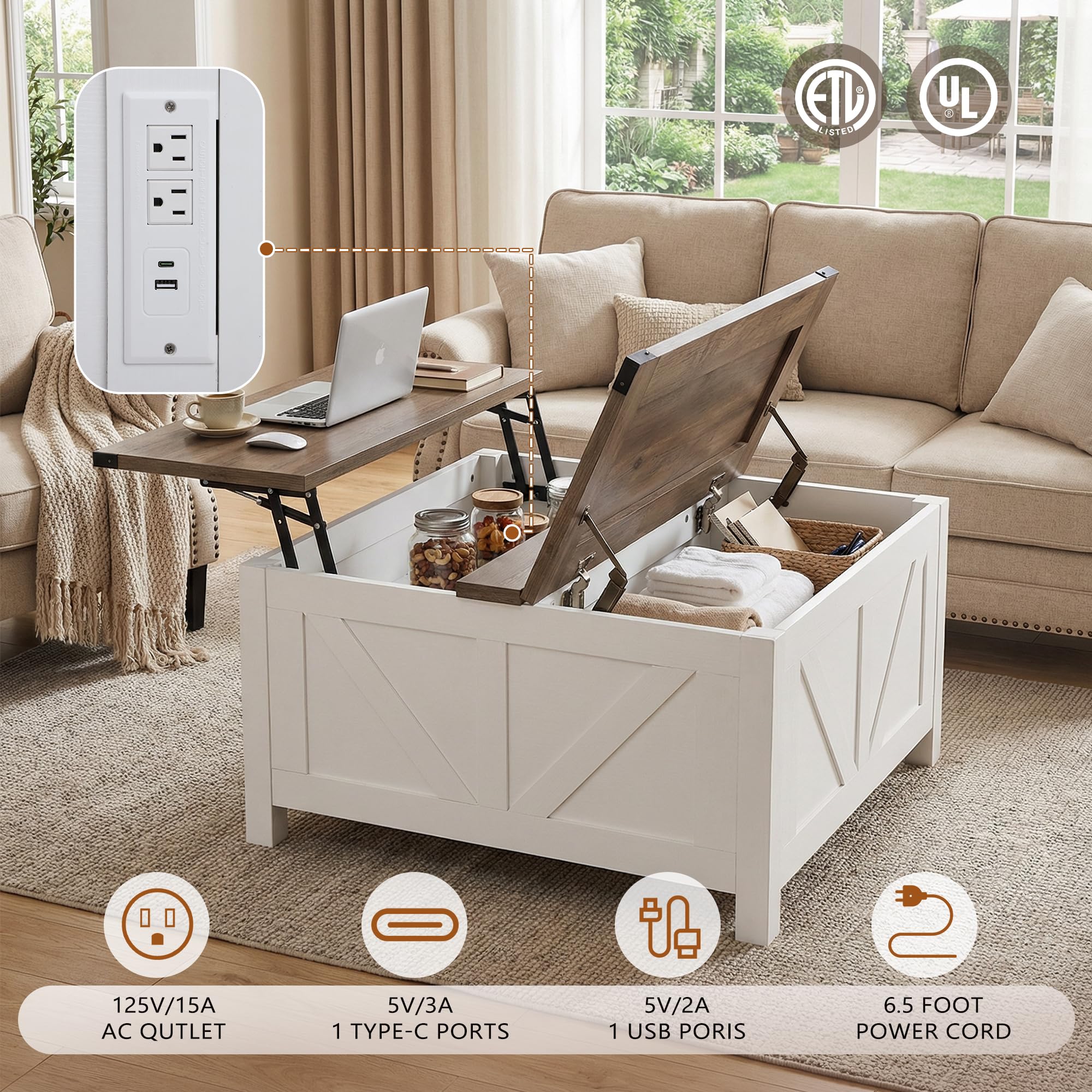 QUYZE 35” Farmhouse Coffee Table with Large Storage, Rustic Wood Lift Top Coffee Table for Living Room, Square Center Table with Charging Station&USB, Modern Port Pottery Barn Lift top Table