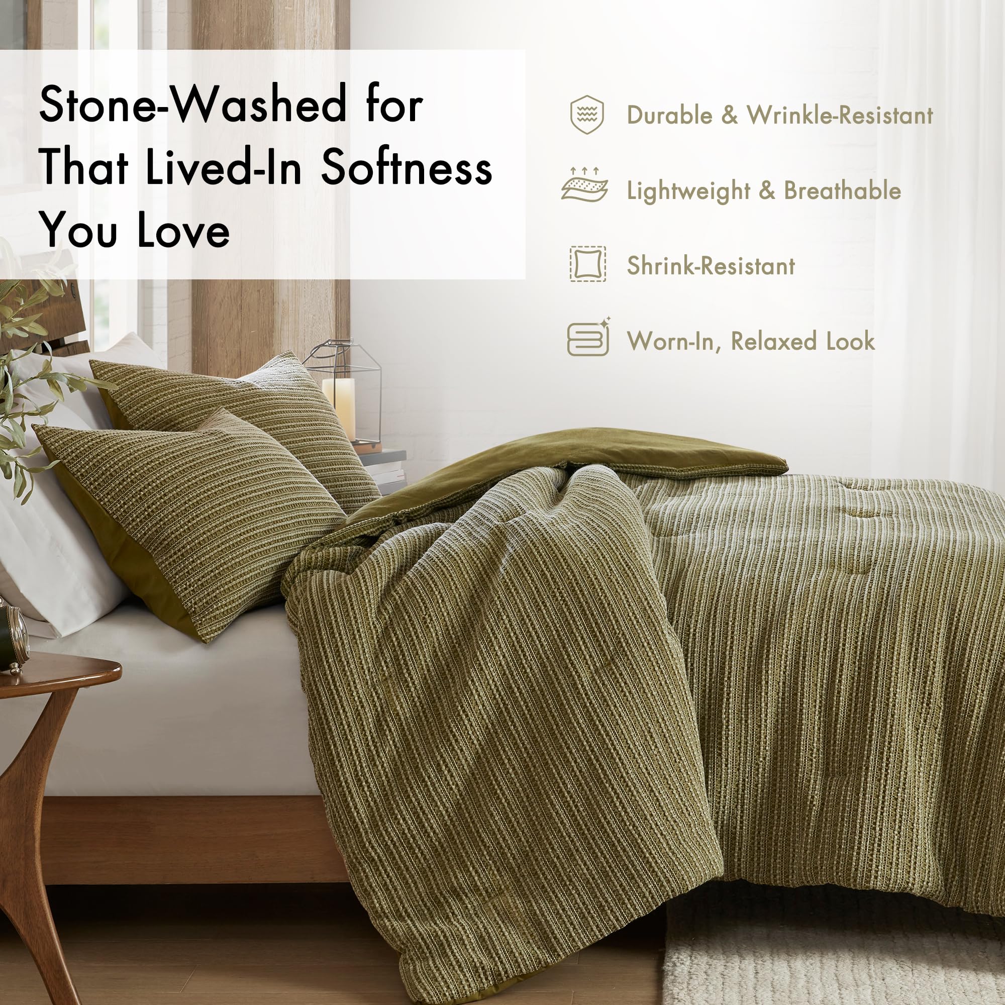 Woolrich Queen Comforter Set Cotton Waffle Pre-Stone Washed, Oversized Comforter, All Season Down Alternative Overfilled Queen Size Comforter, Lyon, Full/Queen Green 3 Piece