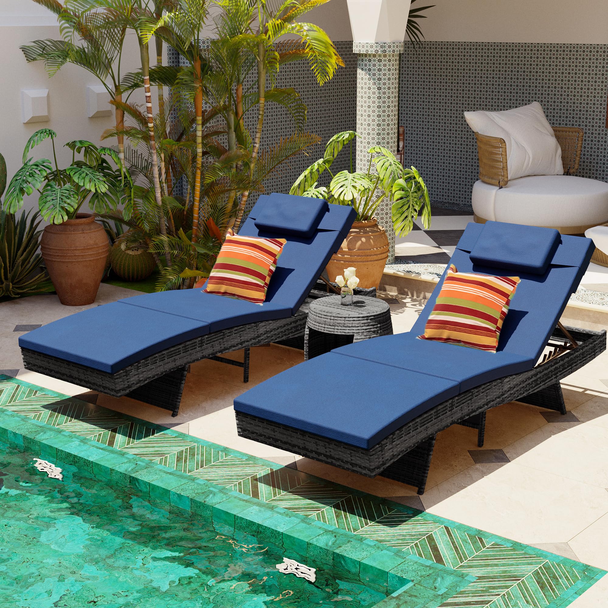 Wicker Patio Chaise Lounge Set with Cushions & Pillows