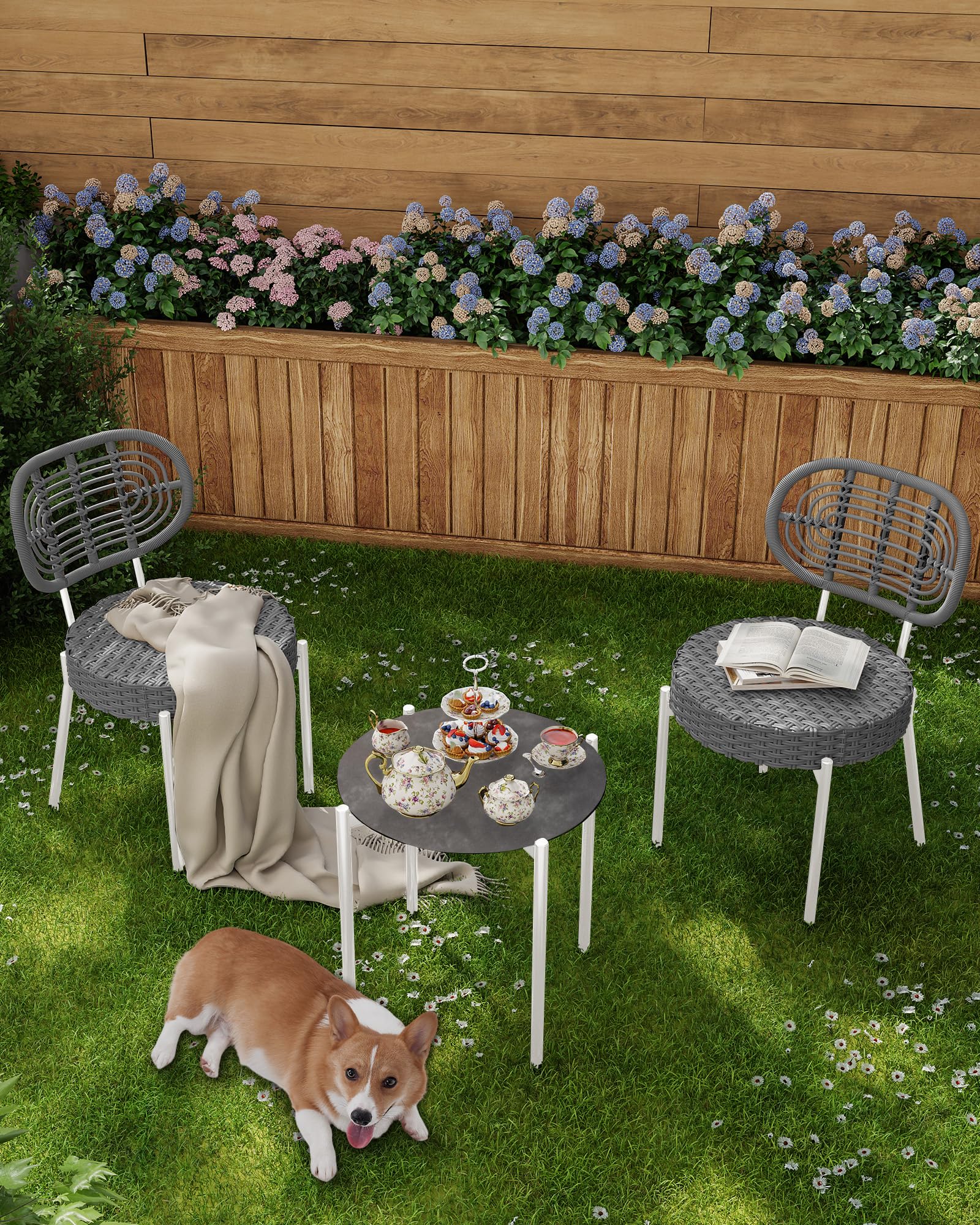 GarveeLife 3 Piece Wicker Patio Bistro Furniture Set, Outdoor Dining Chairs, Includes 2 Rattan Chairs and Tempered Glass Table, for Garden, Backyard, Balcony, Apartment, White & Grey