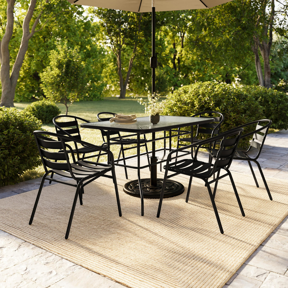 Flash Furniture Lila 7-Piece Glass Patio Table and Chairs Set, Outdoor Patio Dining Set with Rectangular Table and 6 Slat Back Patio Chairs, Black