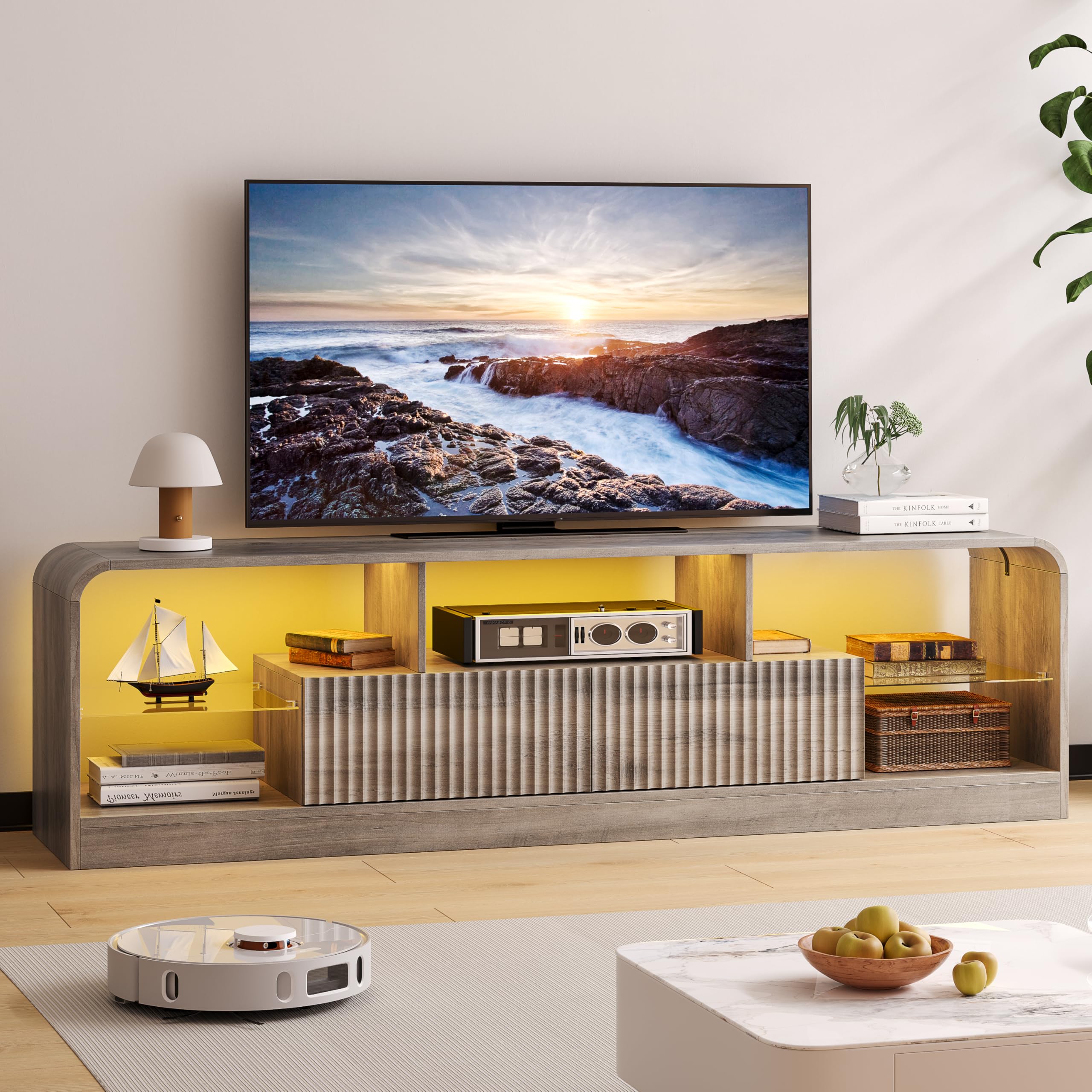 TV Stand with LED Lights & Glass Shelves