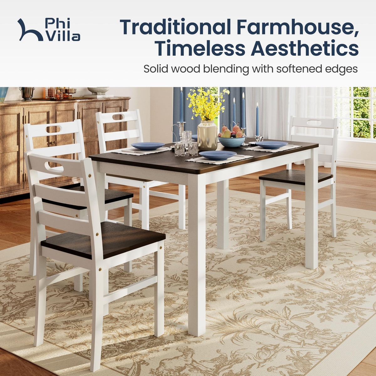 PHI VILLA Dining Table Set for 4, Solid Wood Kitchen Table and Chairs