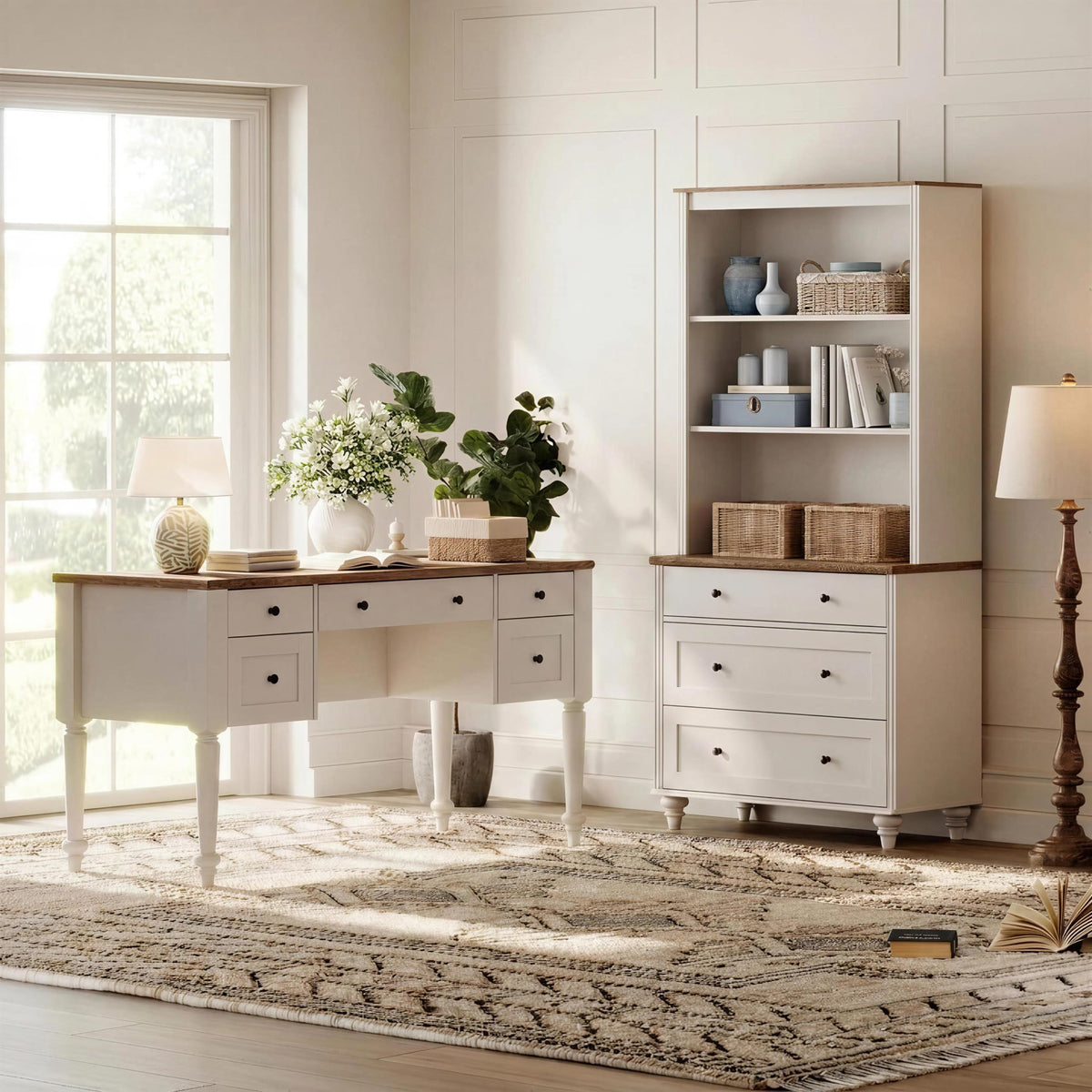 WAMPAT Home Office Furniture Set, 56" Executive Desk with Charging Station, 72" Tall Bookcase with 3 Drawers, Wood Computer Desk with File Cabinet Storage, Open Shelf, White