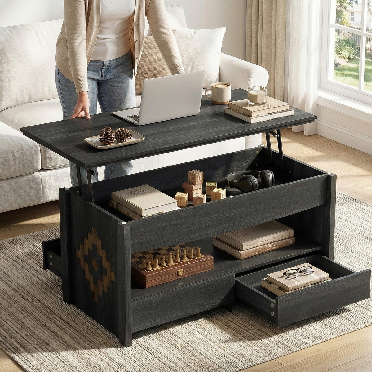 nesture. 41" Coffee Tables for Living Room, Lift Top Coffee Table with 2 Drawers and 1 Hidden Compartment,1 Open Shelf,Global Style with Wooden Lift Tabletop,Black