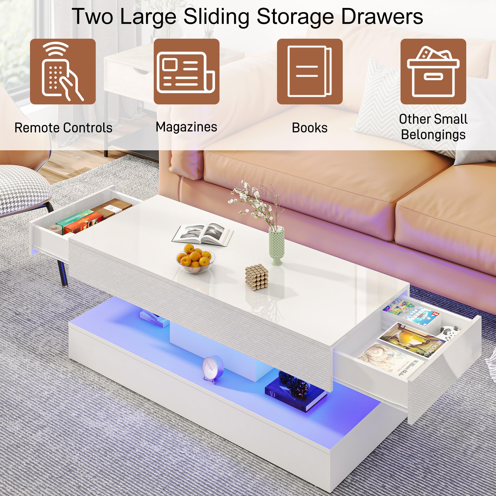 47.2" Modern High Glossy LED Coffee Table with 2 Sliding Storage Drawers, White Living Room Tables for Living Rooms,Dining Room,Bedroom Home Office,APP LED Lights(White)