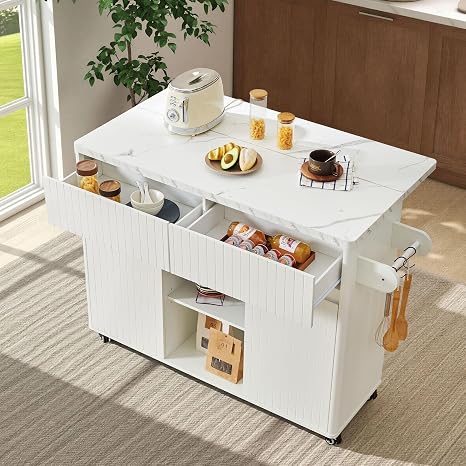 47" Mobile Kitchen Island with Drop Leaf & Storage