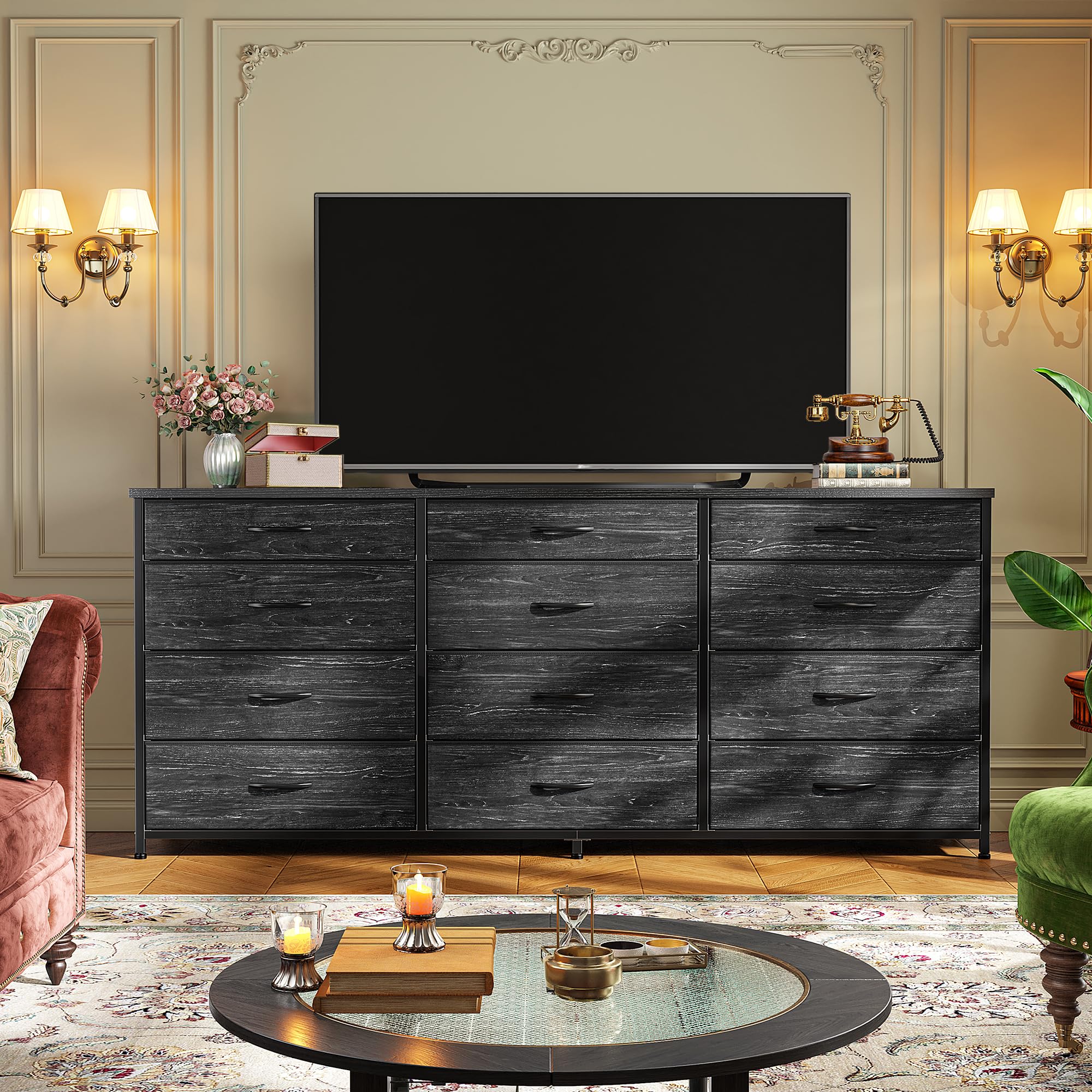 12-Drawer Long Dresser with Metal Frame and Wood Top