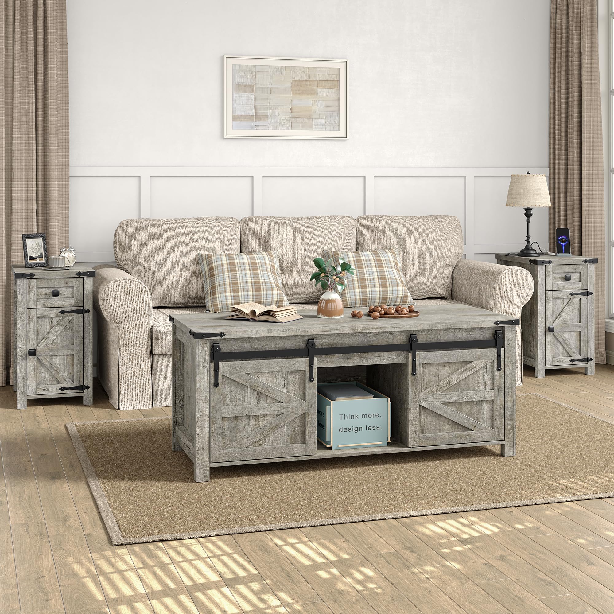 3-Piece Coffee & End Table Set with Charging Station, Oak Grey