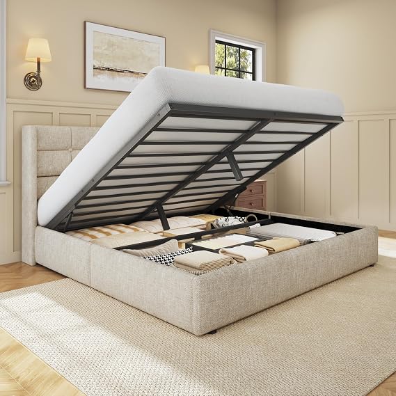 Hydraulic Lift Storage Bed Frame with Wingback Headboard