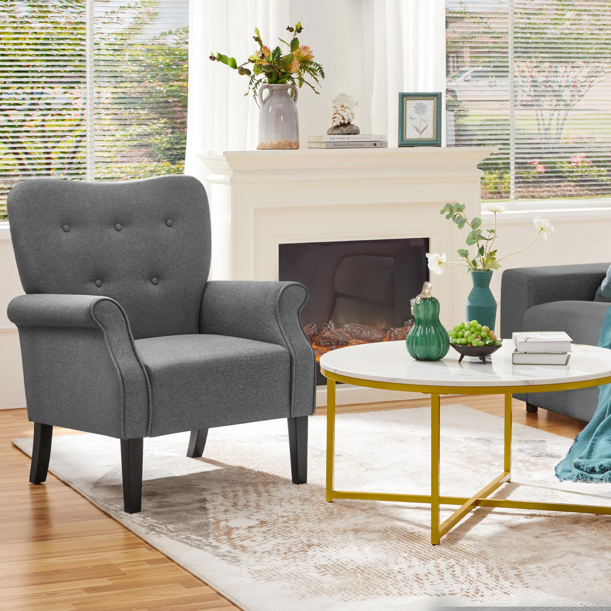 Yaheetech High Back Accent Chair Set of 2 with Rolled Arms, Dark Gray