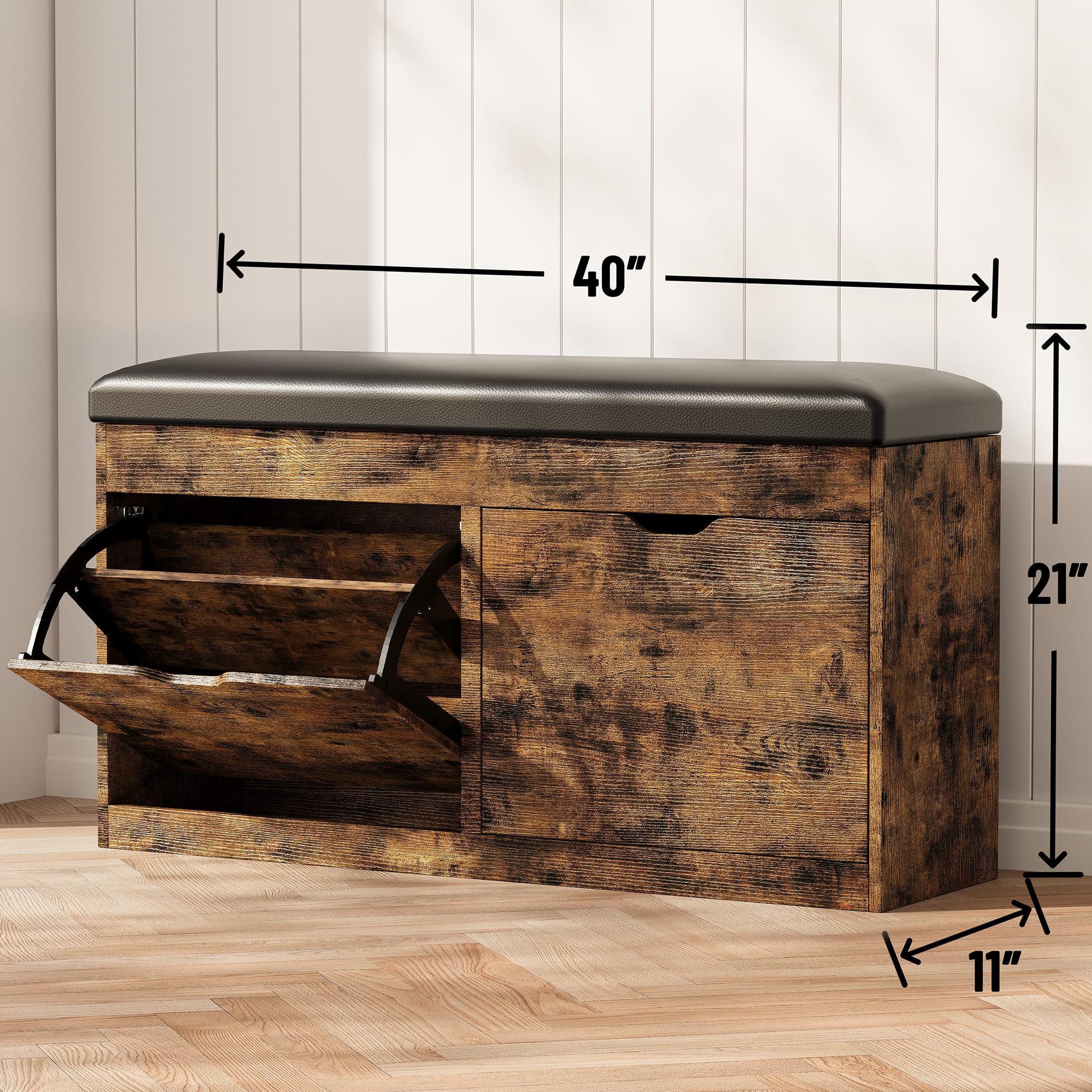 Entryway Shoe Storage Bench with Flip Drawers & Padded Seat