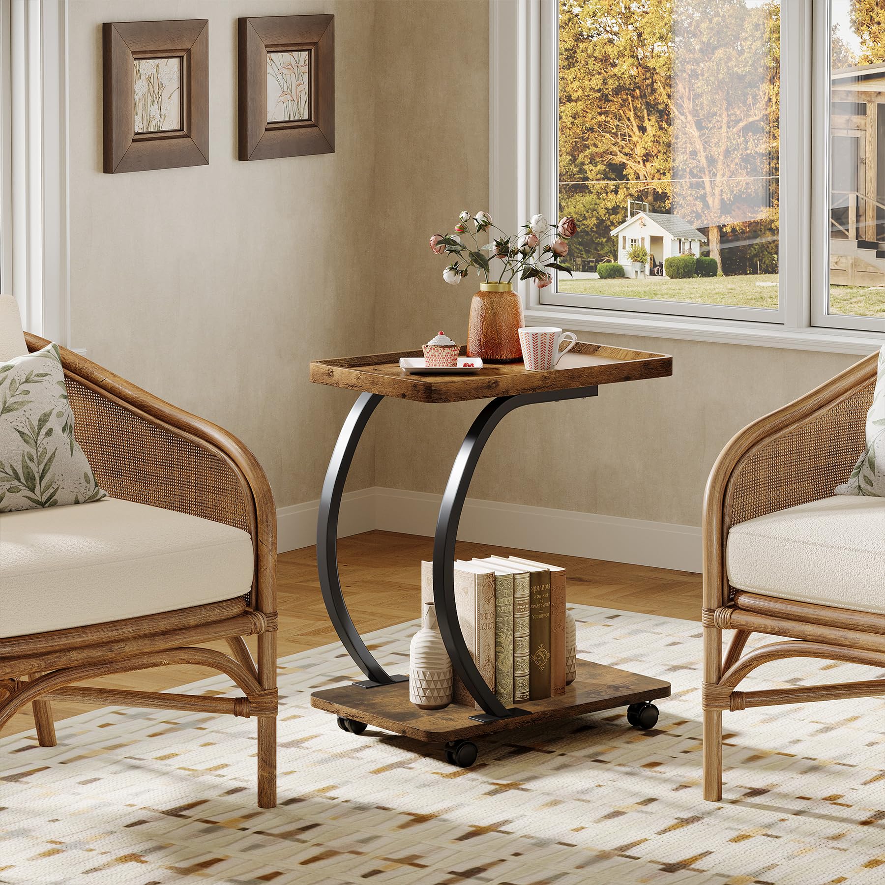 C-Shaped End Table Set of 2 with Wheels