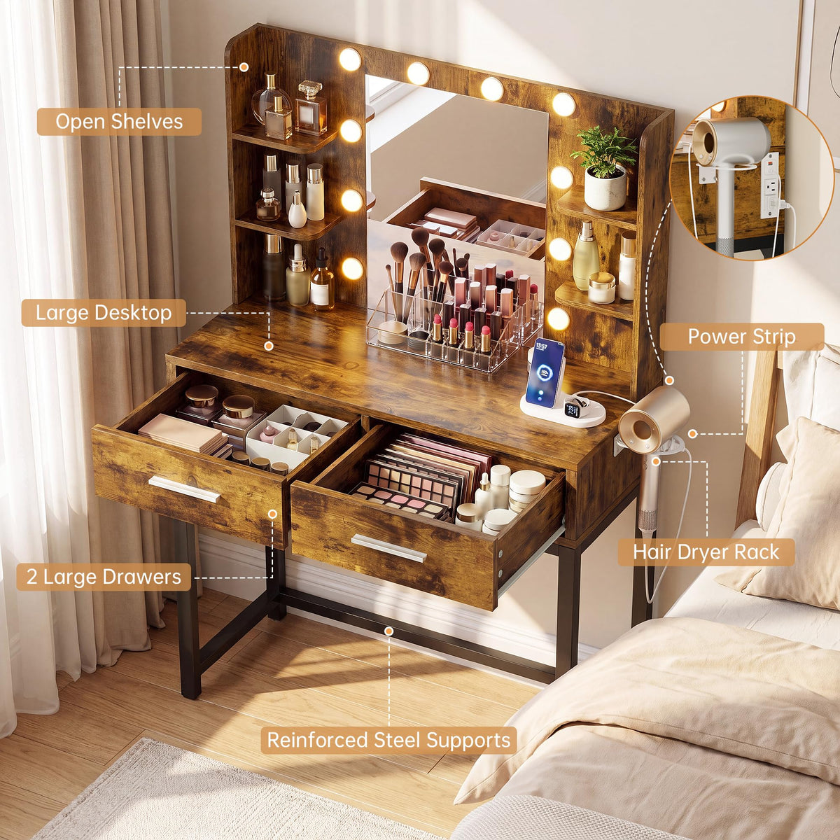 YESHOMY 31.5" Small Makeup Vanity Desk with Lighted Mirror, Rustic Brown