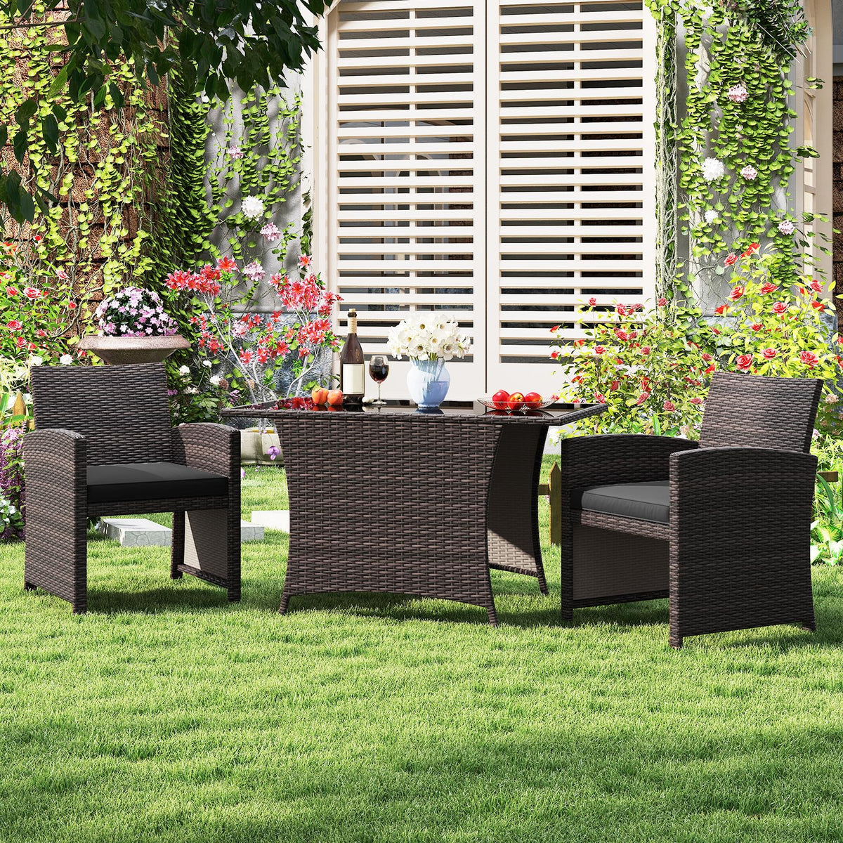 HAPPYGRILL 3 Pieces Patio Wicker Dining Set, Balcony Furniture Set w/Tempered Glass Dining Table, 2 Chairs, Comfy Cushions, Space-Saving Dining Set for Small Spaces, Perfect for Garden, Backyard