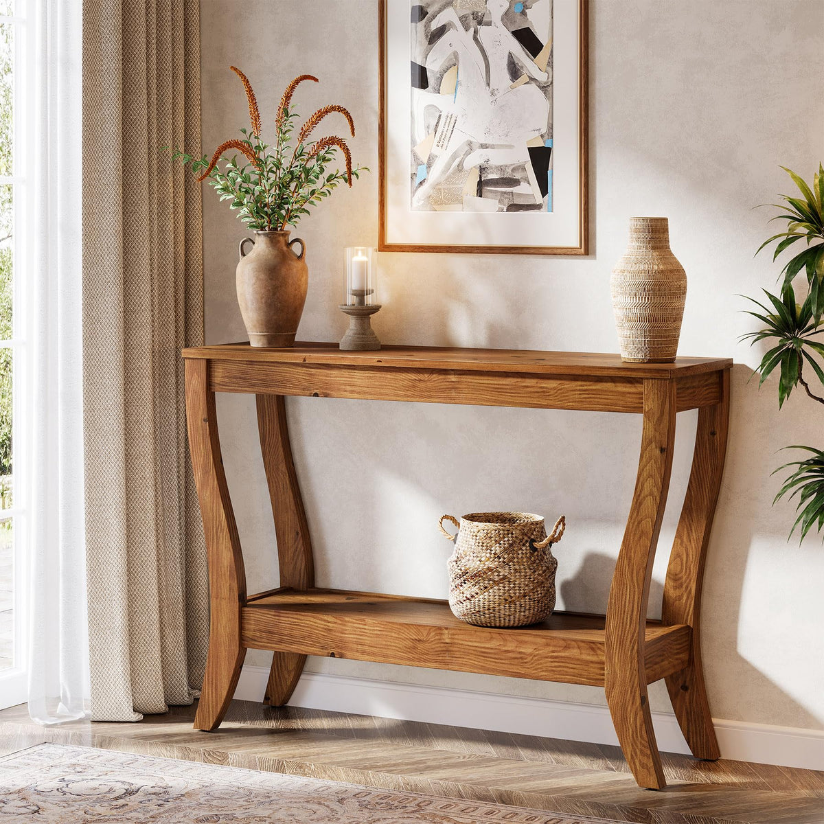 TRIBEWOOD Solid Wood Console Table for Entryway, 41.3-Inch Farmhouse Sofa Table with Storage, 2-Tier Wooden Entrance Table for Living Room, Hallway, Foyer (Walnut)