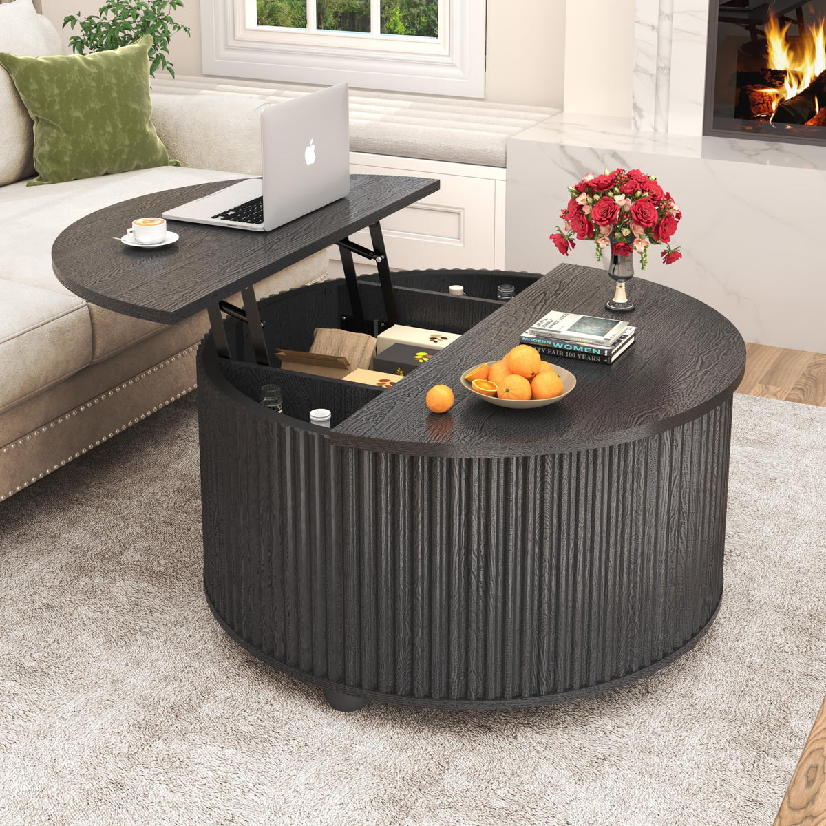 Lift Top Coffee Table w/Storage for Living Room, 35" Modern Round Fluted Coffee Tables w/Large Hidden Space, Wood Living Room Table w/Gas Lift, Center Table for Bedroom, Home Office,Black