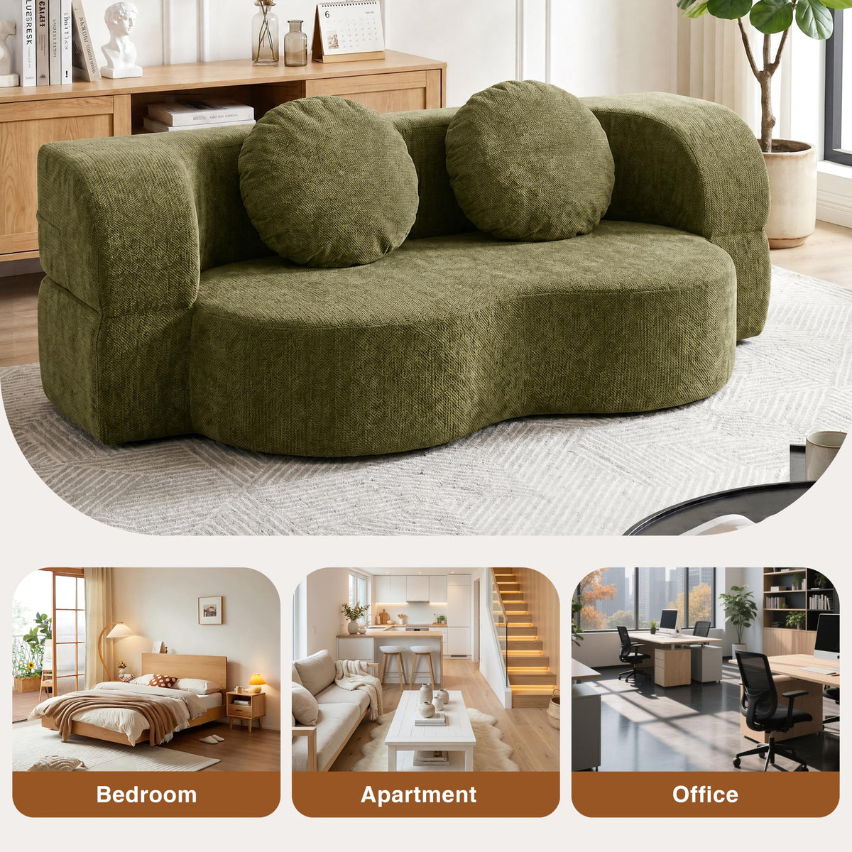 Shintenchi 78" Convertible Sofa Bed, Sleeper Boneless Futon Sofa, Green