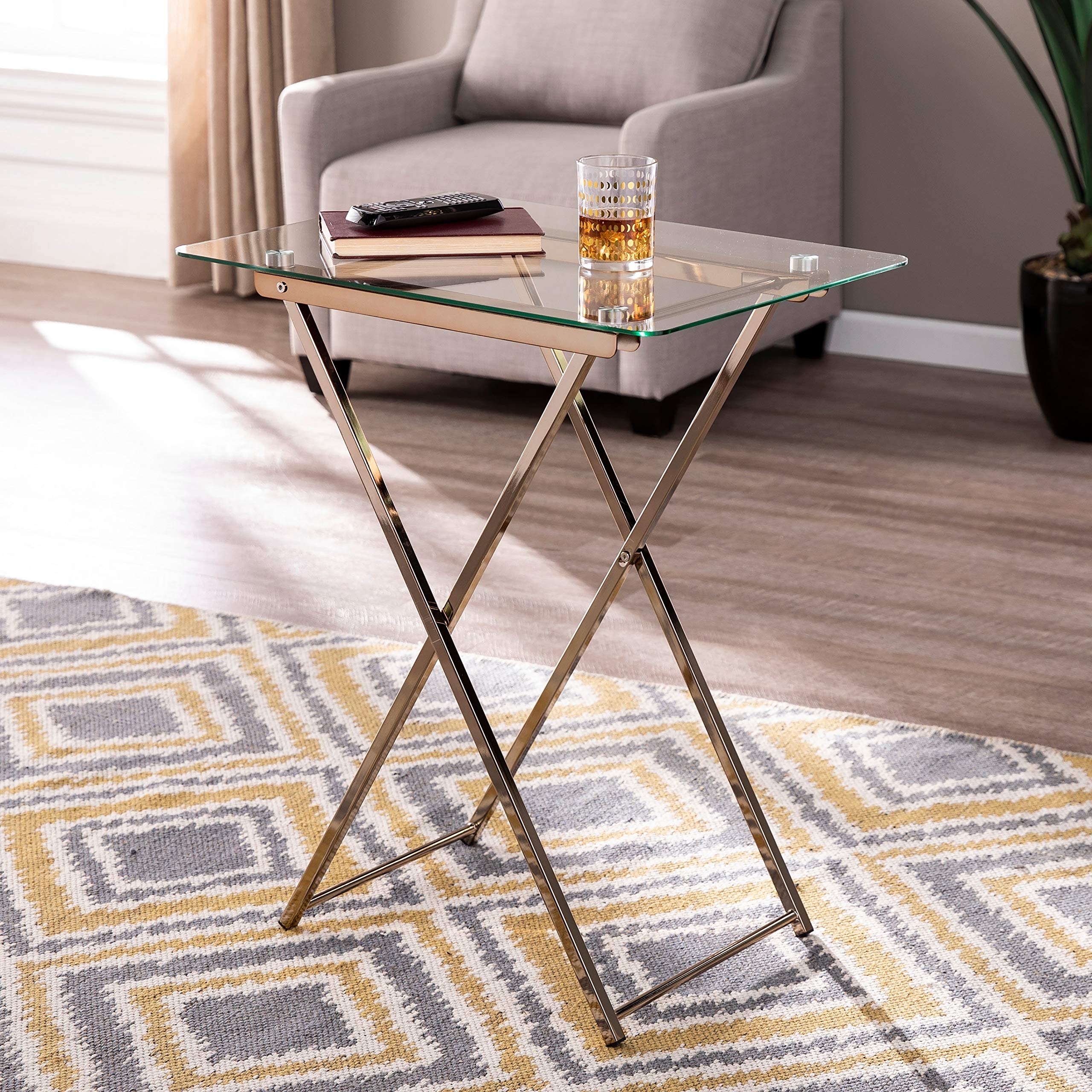 Folding Tray Table Gold Glam Rectangle Glass Iron Metal Champagne Finish Goldtone Metallic Includes Hardware Shelf Storage