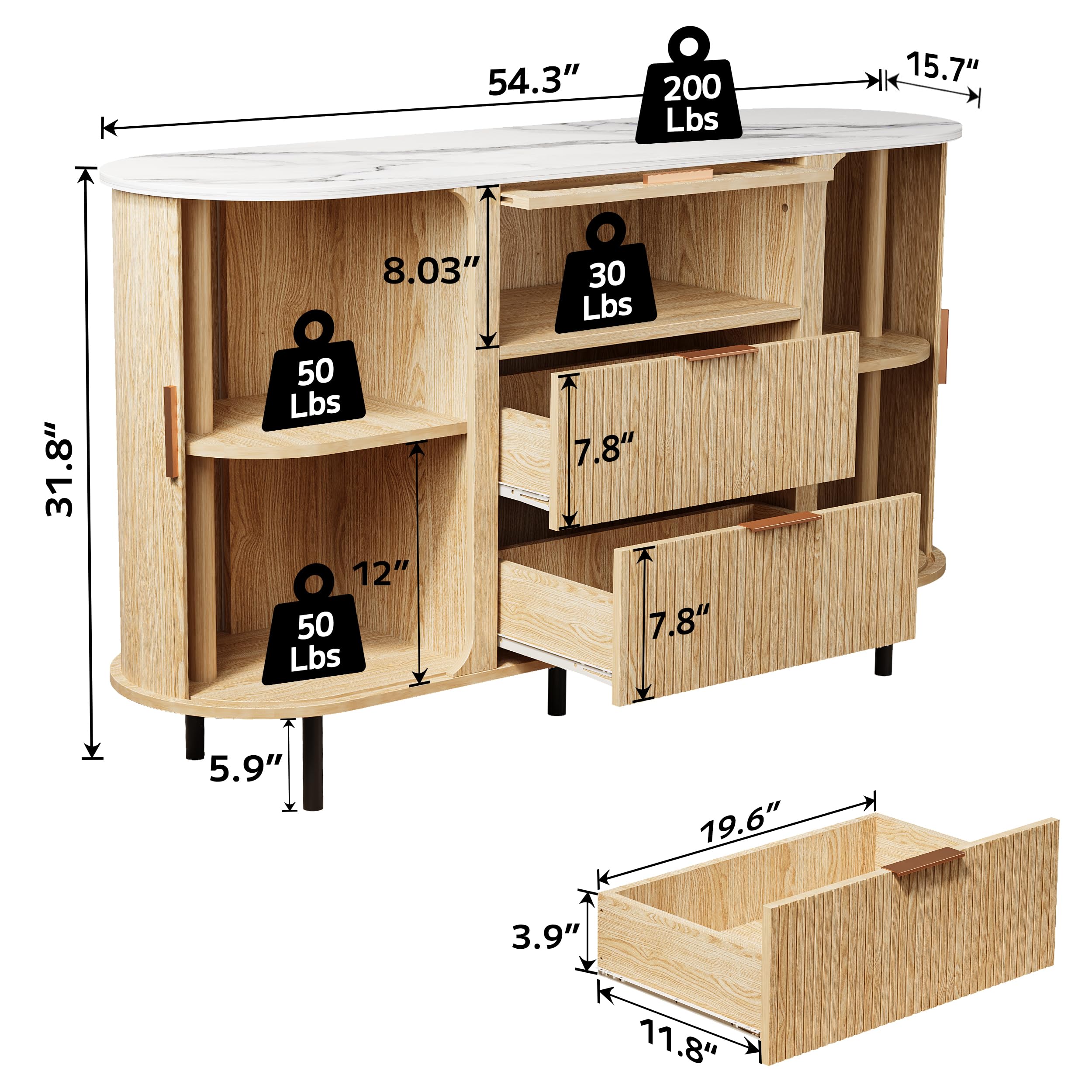 Cychuily 54" Fluted Sideboard Buffet Cabinet with Storage, Mid Century Coffee Bar with LED Light & Slide Doors, 2 Drawers, Modern Storage Cabinet for Kitchen, Living Room, Faux White Marble Top, Oak