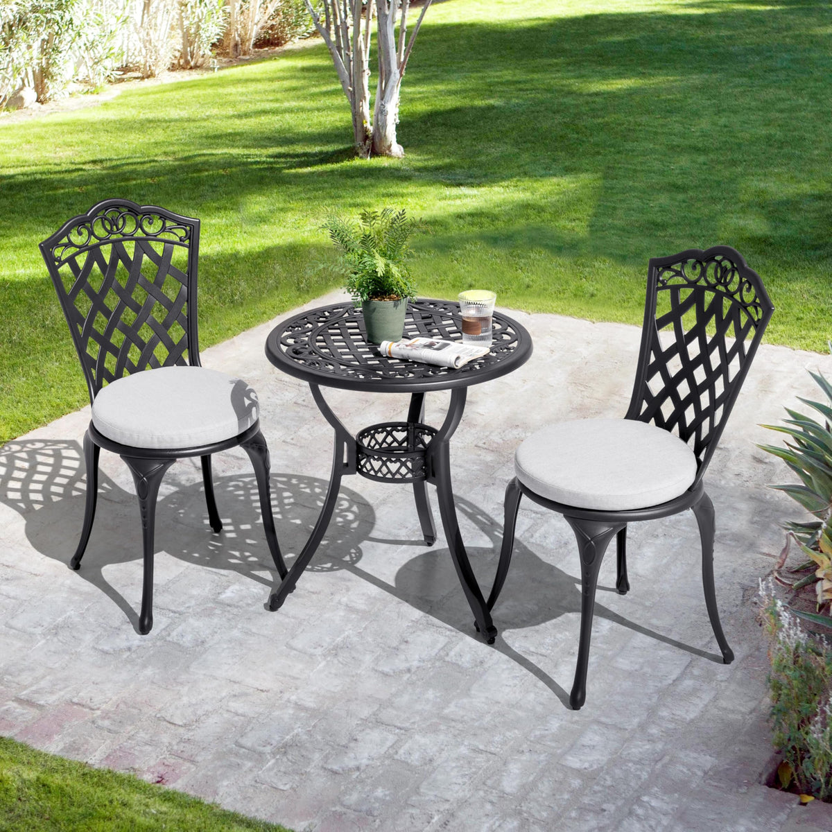 NUU GARDEN 3-Piece Patio Bistro Set Outdoor Cast Aluminum Bistro Table and Chairs Set of 2, Outdoor Patio Bistro Set with Umbrella Hole and Gray Cushions for Patio and Balcony, Black