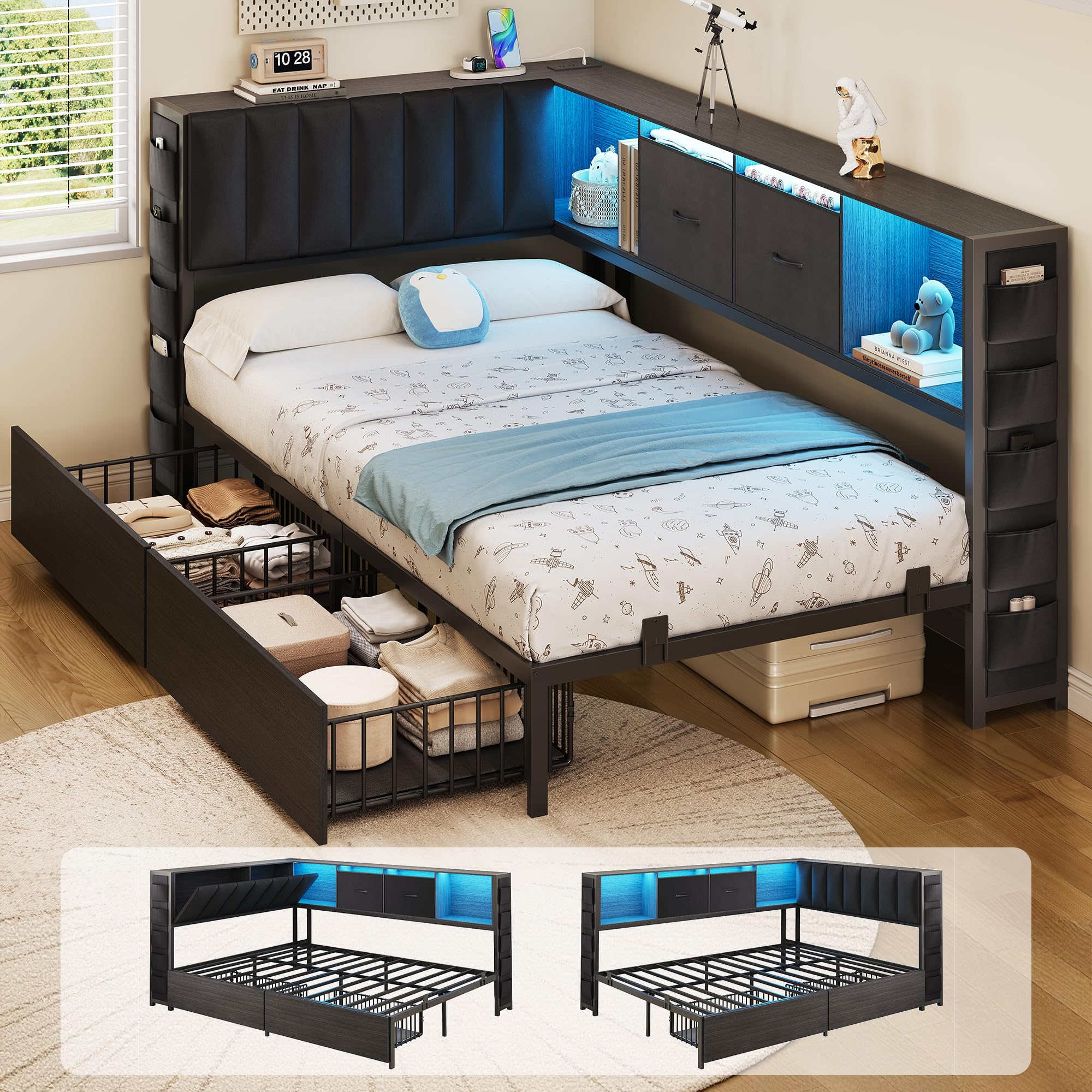 L-Shaped Corner Bed Frame with Storage & LED