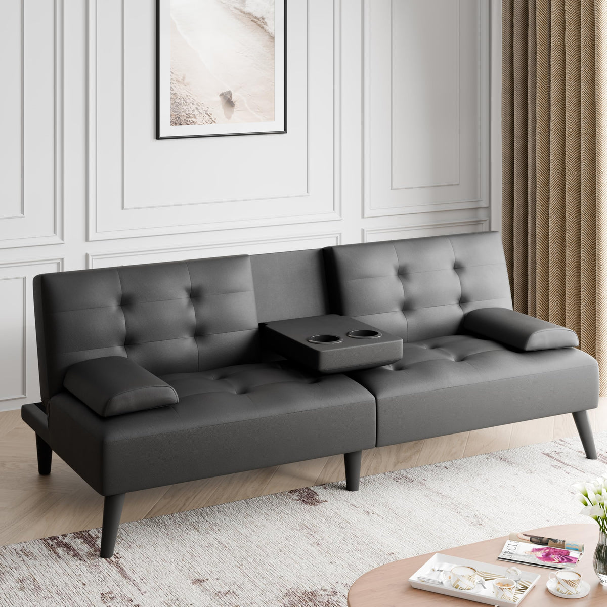 JAMFLY Futon Sofa Bed, 64" Small Futon Couch with Adjustable Backrest, 3-Angle Recliner, Detachable Armrests with Cup Holders for Small Spaces (Black Leather)